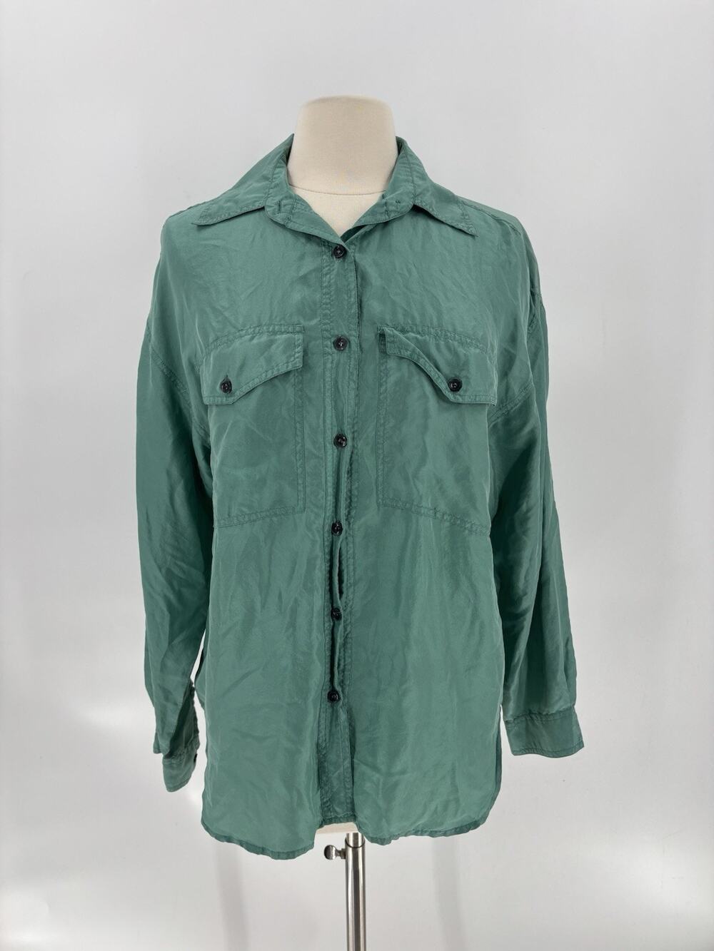 Vintage Maurices 80s 90s Button Up Womens Medium Green 100% Silk Long Sleeves